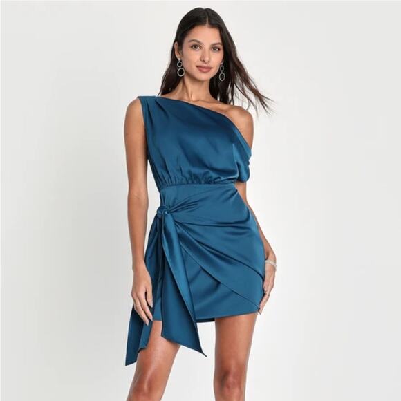 LULUS ELEGANR POISE DARK TEAL BLUE SATIN ASYMMETRICAL TIE FRONT DRESS SMALL - Picture 9 of 9